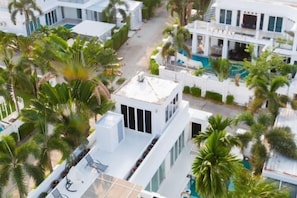 A modern hotel with multiple white buildings, a rooftop pool, and lush palm trees.