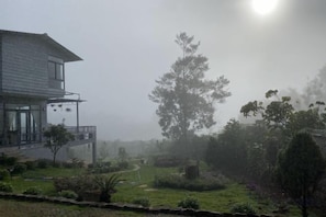 Ein Haus mit Balkon, umgeben von einem Garten mit verschiedenen Pflanzen und Bäumen.