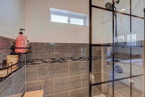 Shower, hair dryer, towels
