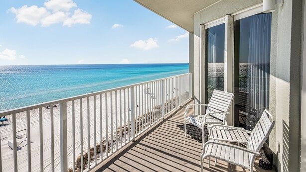 A balcony with a view of the beach and ocean. - Relax in Rare Low-Density Luxury – Marisol 3BR Beachfront Condo (Panama City Beach)