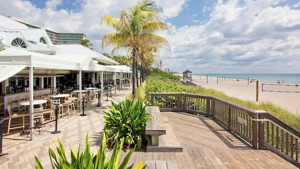 Une terrasse en bois avec des sièges d’extérieur, un palmier et une vue sur la plage et l’océan.