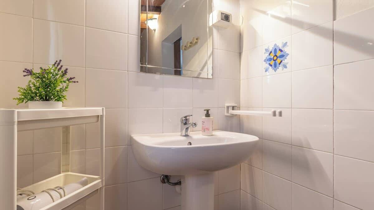 Een badkamer met een witte wastafel, een spiegel en een bloempot op een plank.