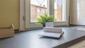 A kitchen counter with a plant, a notebook, and a wooden tray. - Da Birba a Casinalbo · Da Birba a Casinalbo - Affitti Brevi Italia (Casinalbo)