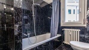 Shower, hair dryer, shampoo