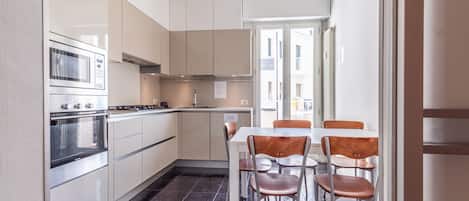 Fridge, oven, coffee/tea maker, cookware/dishes/utensils