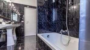 Shower, hair dryer, shampoo