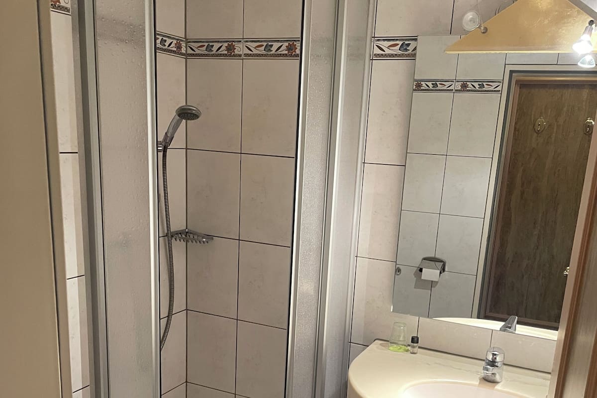 Un baño con ducha de vidrio, lavamanos con espejo y inodoro.