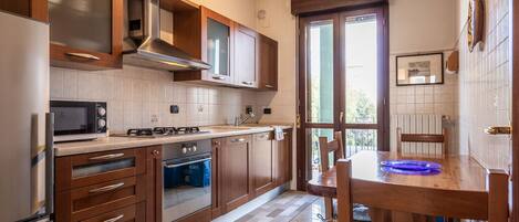 Fridge, microwave, oven, electric kettle