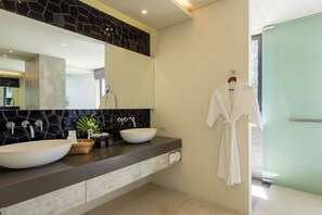 Ein modernes Badezimmer mit einem großen Spiegel, zwei Waschtüben, einem Bademantel an der Wand und einem Topf mit einer Pflanze auf der Ablagefläche.