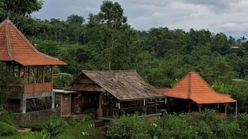 Ein traditionelles Holzhaus mit einem strohgedeckten Dach, umgeben von üppigem Grün und einer hügeligen Landschaft.