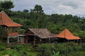 A traditional wooden house with a thatched roof, surrounded by lush greenery and a hilly landscape.