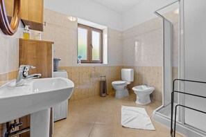 Shower, hair dryer, bidet, towels