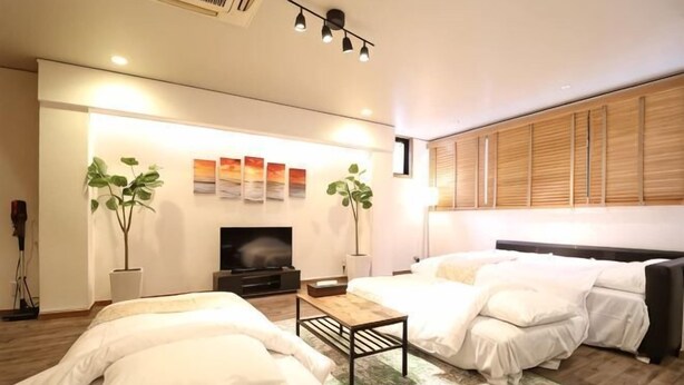 Une chambre d’hôtel moderne avec un grand lit, une télévision, une petite table et deux plantes en pot.