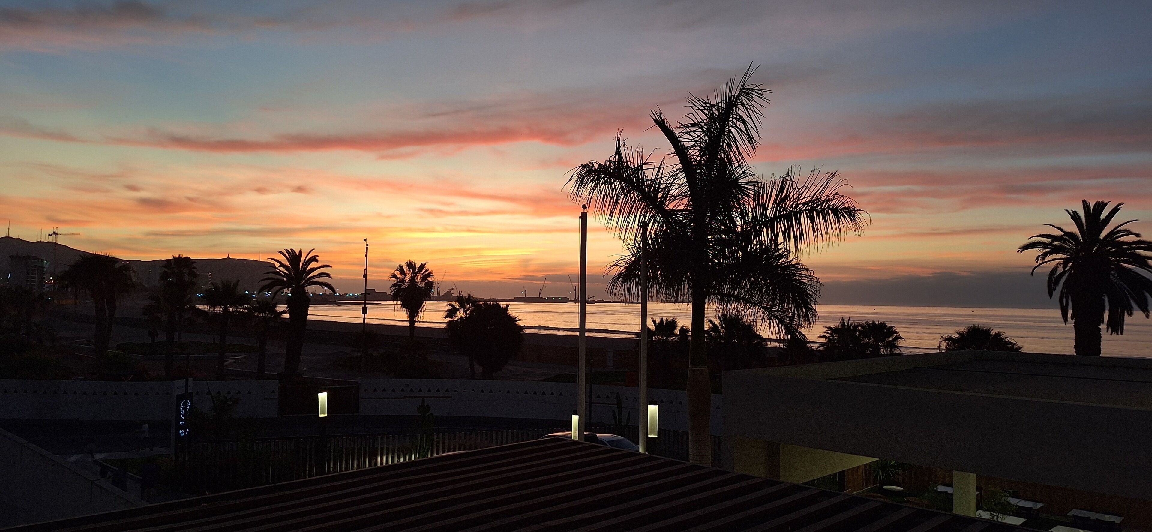 A sunset over a beach with palm trees and buildings in the foreground.