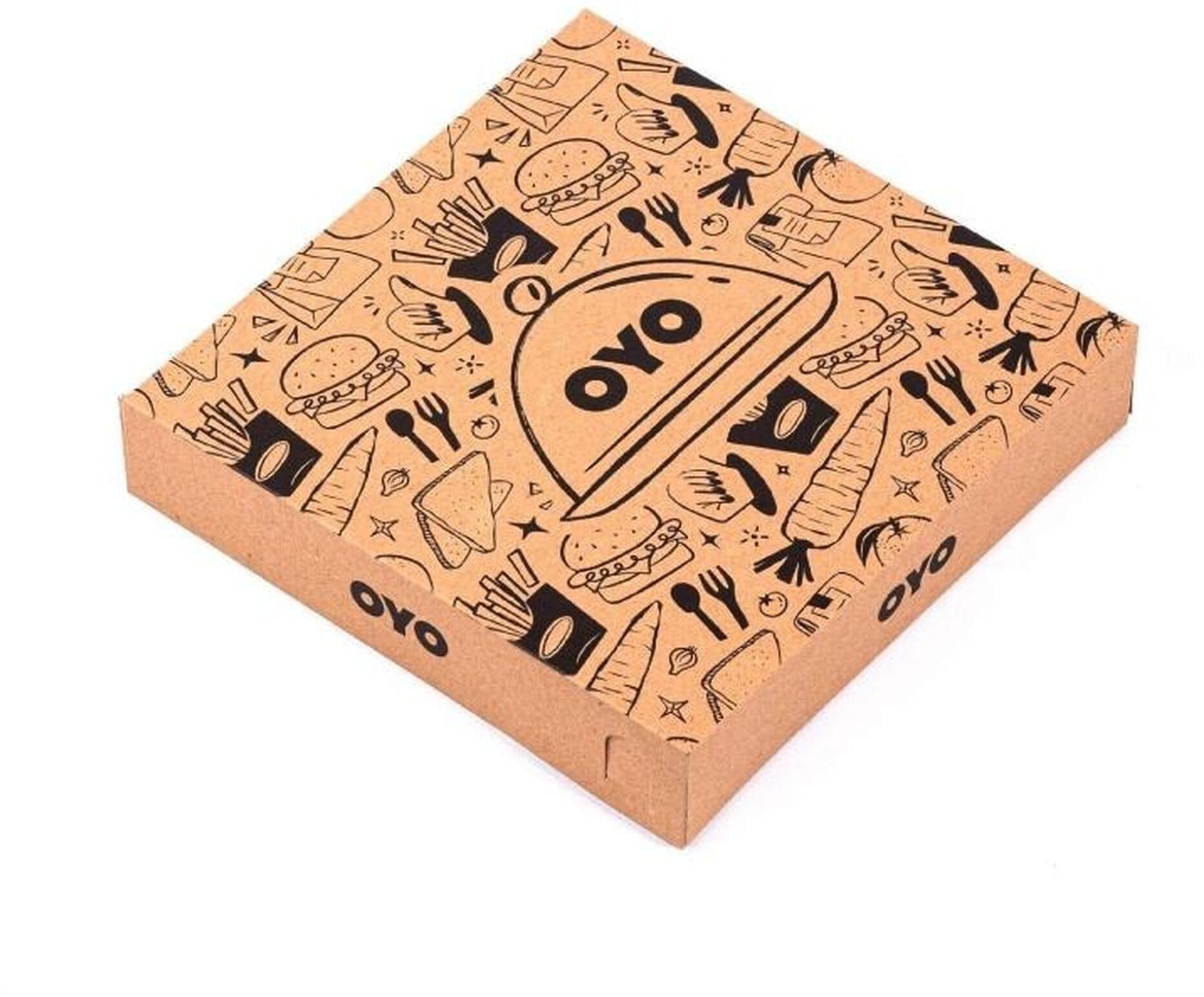 Une boîte carrée, recouverte d’un carton brun à l’extérieur, ornée d’illustrations noires représentant des aliments et des ustensiles de cuisine.