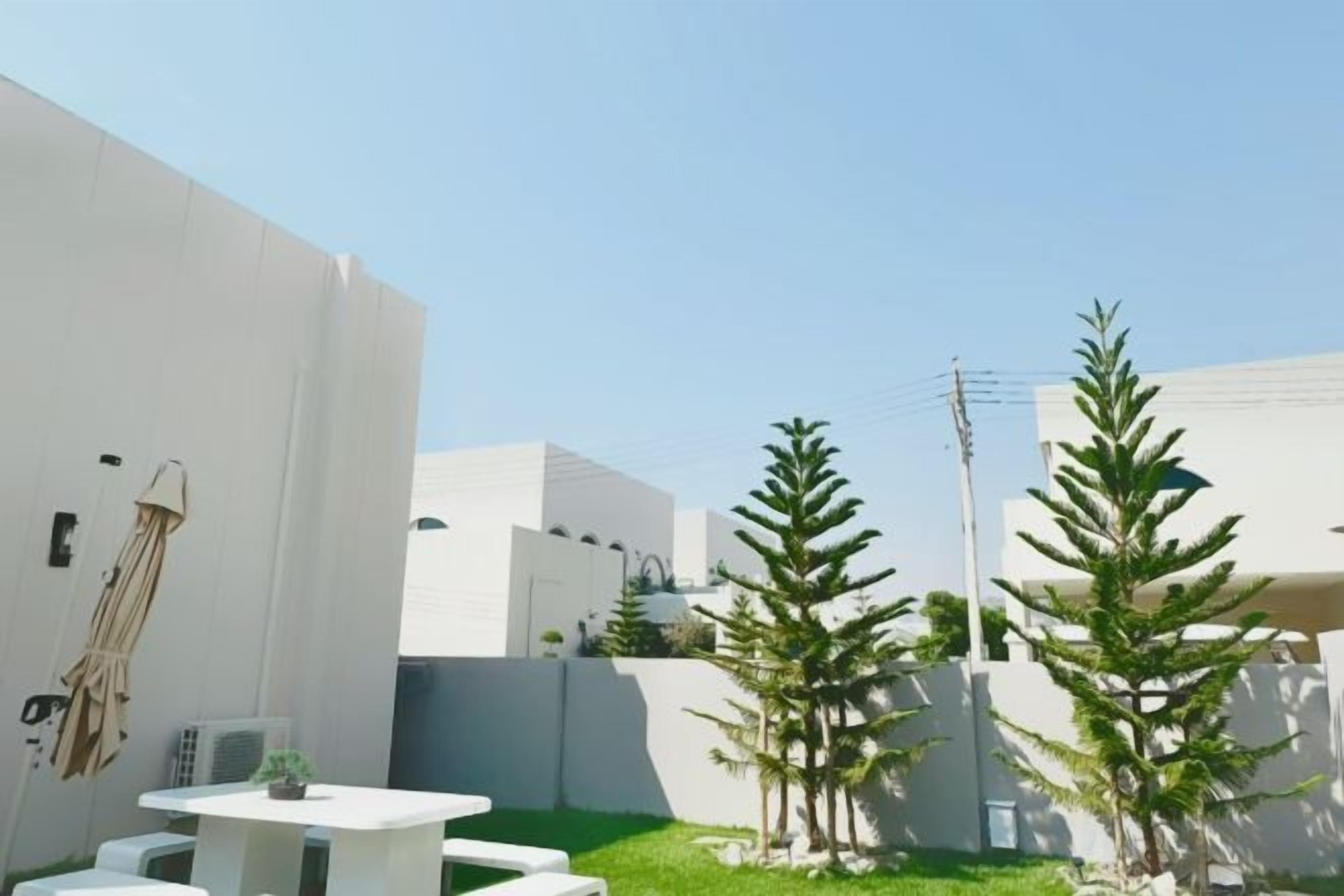 A modern outdoor area with a white wall, a small table, and two potted plants.