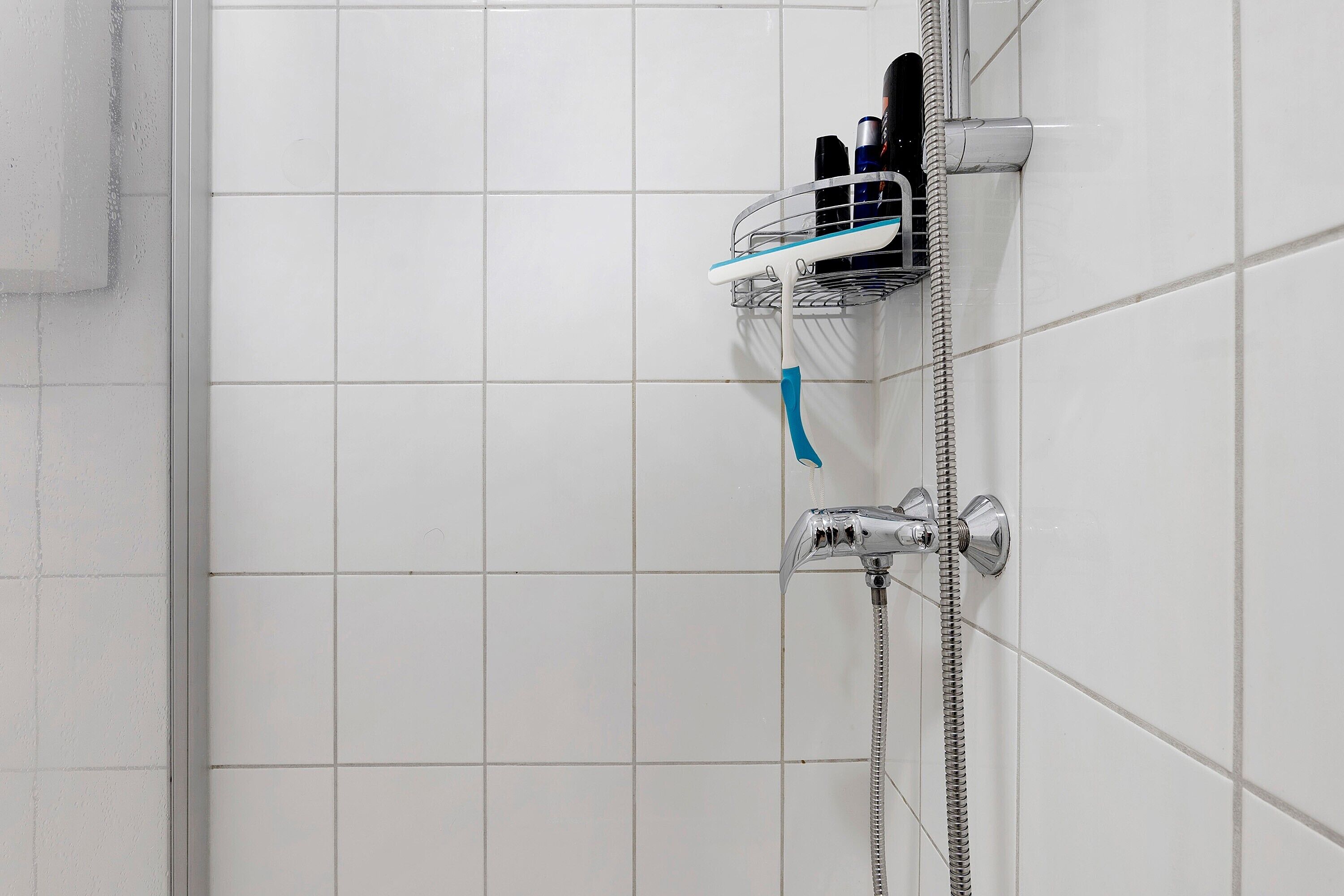 Douchegedeelte met een chroomdouchekop, een handdouche en een metalen plank met toiletartikelen.