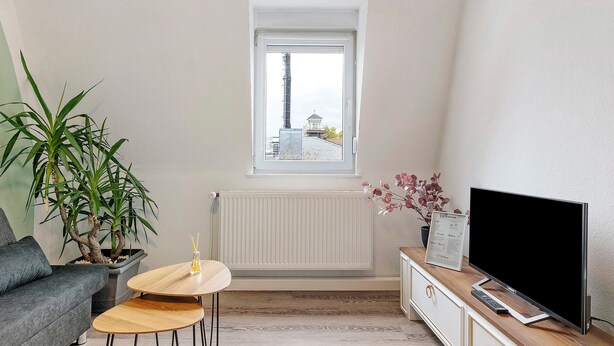 Un salon moderne avec un canapé gris, une plante en pot, une petite table ronde, un téléviseur à écran plat et un radiateur.