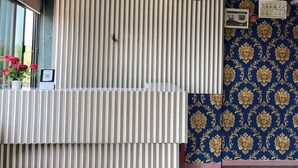 Une pièce avec des panneaux muraux à rayures, un ventilateur de plafond, une prise de courant et un mur décoratif orné d’un motif bleu et doré.