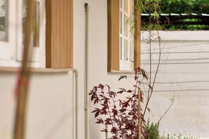A building exterior with a window, a plant, and a fence in the background. - AIRI Home,3BR near Thapae and walking str old town CNX (Chiang Mai)