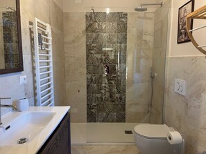 Shower, hair dryer, bidet, towels