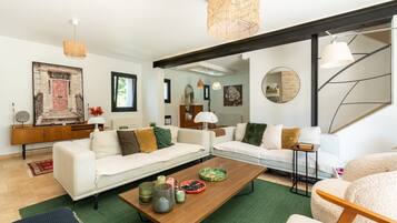 Télévision, cheminée, baby-foot, table de tennis de table