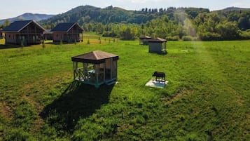 Il s’agit d’une propriété rurale comprenant plusieurs bâtiments, dont une grande maison et des constructions plus petites, située dans un champ verdoyant avec des collines en arrière-plan.