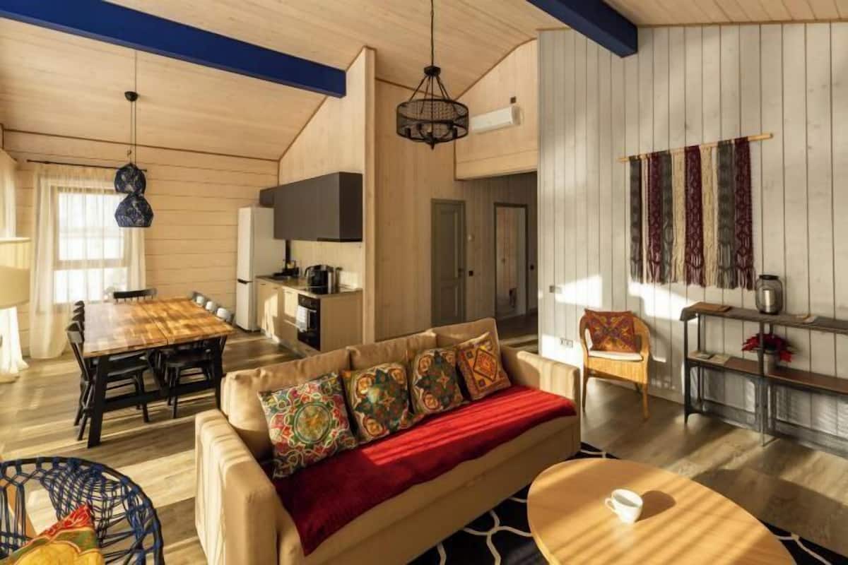 Een gezellige woonkamer met een bank, een eettafel en een keukenhoek.