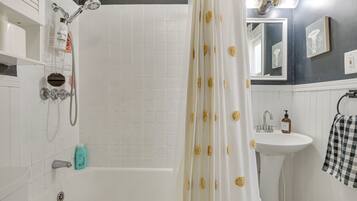 Une salle de bain avec une baignoire, une douche, un lavabo et un miroir.