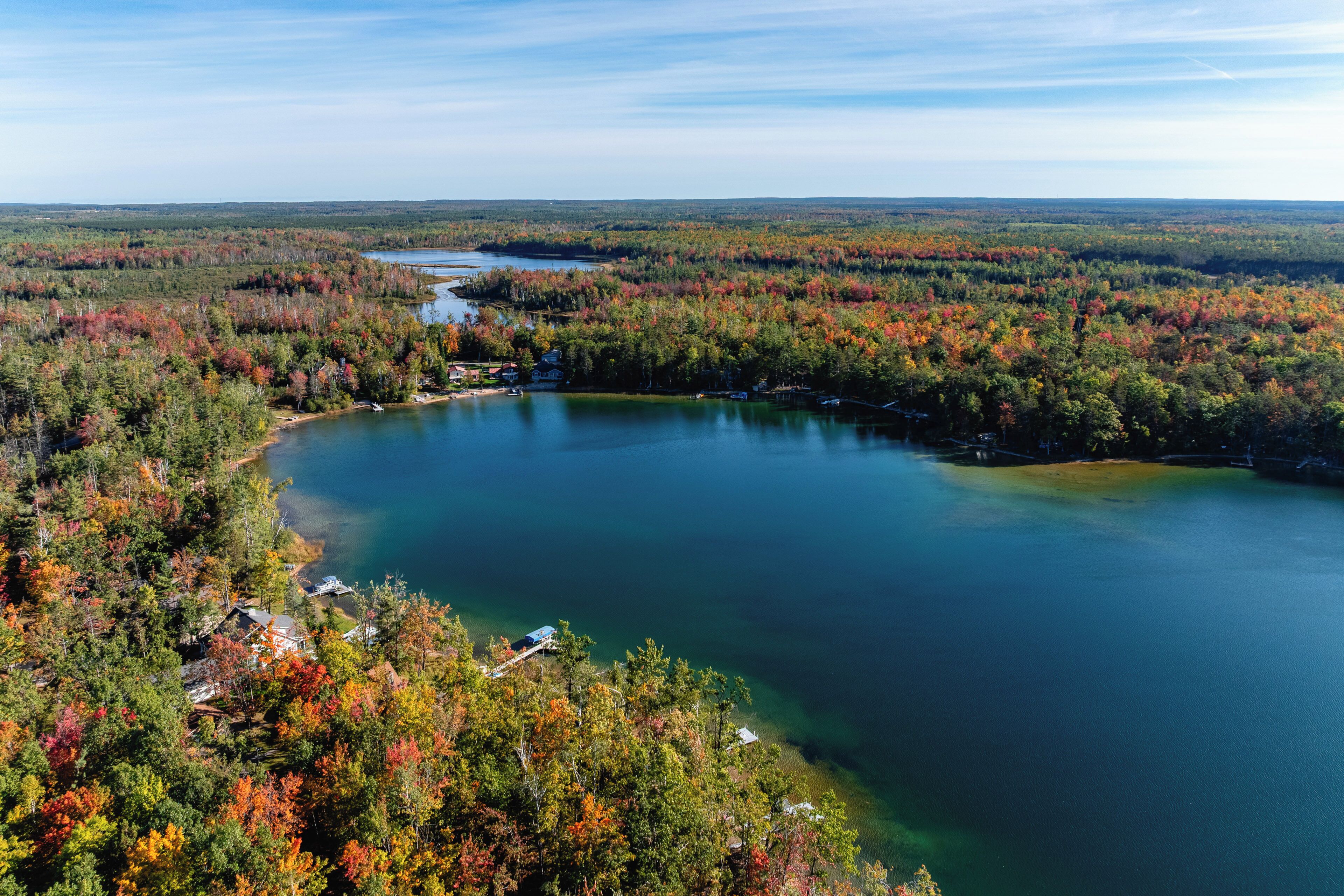A lake surrounded by dense forest with a clear view of the water and surrounding trees.
