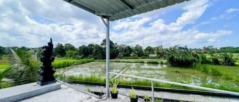 A covered outdoor area with a view of a rice field and a statue.