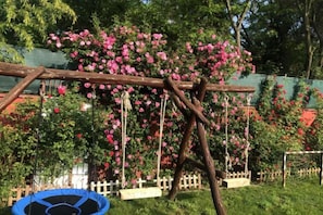 Ein hölzernes Schaukelgestell mit Trampolin in einem Garten voller blühender rosa Blumen.