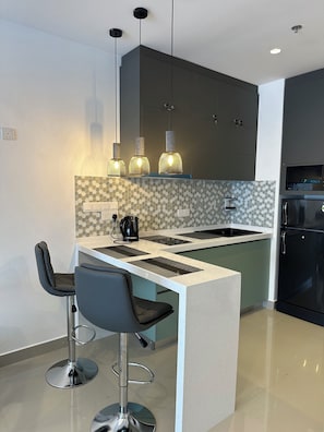 Fridge, microwave, stovetop, electric kettle