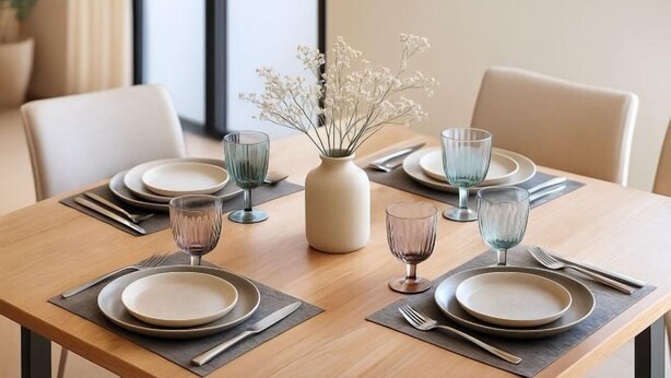 A dining table set with plates, cutlery, and glasses, with a vase of flowers in the center. - Hana House Tokyo - Private House (Tokyo)