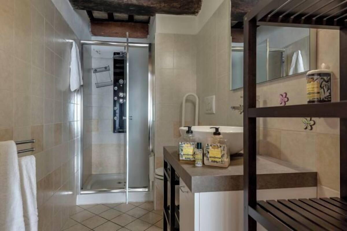 Une salle de bain avec une douche, un lavabo équipé de produits de toilette et un miroir.