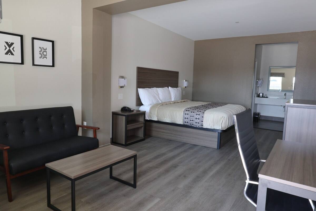 A hotel room with a bed, a sofa, a desk, and a mirror.