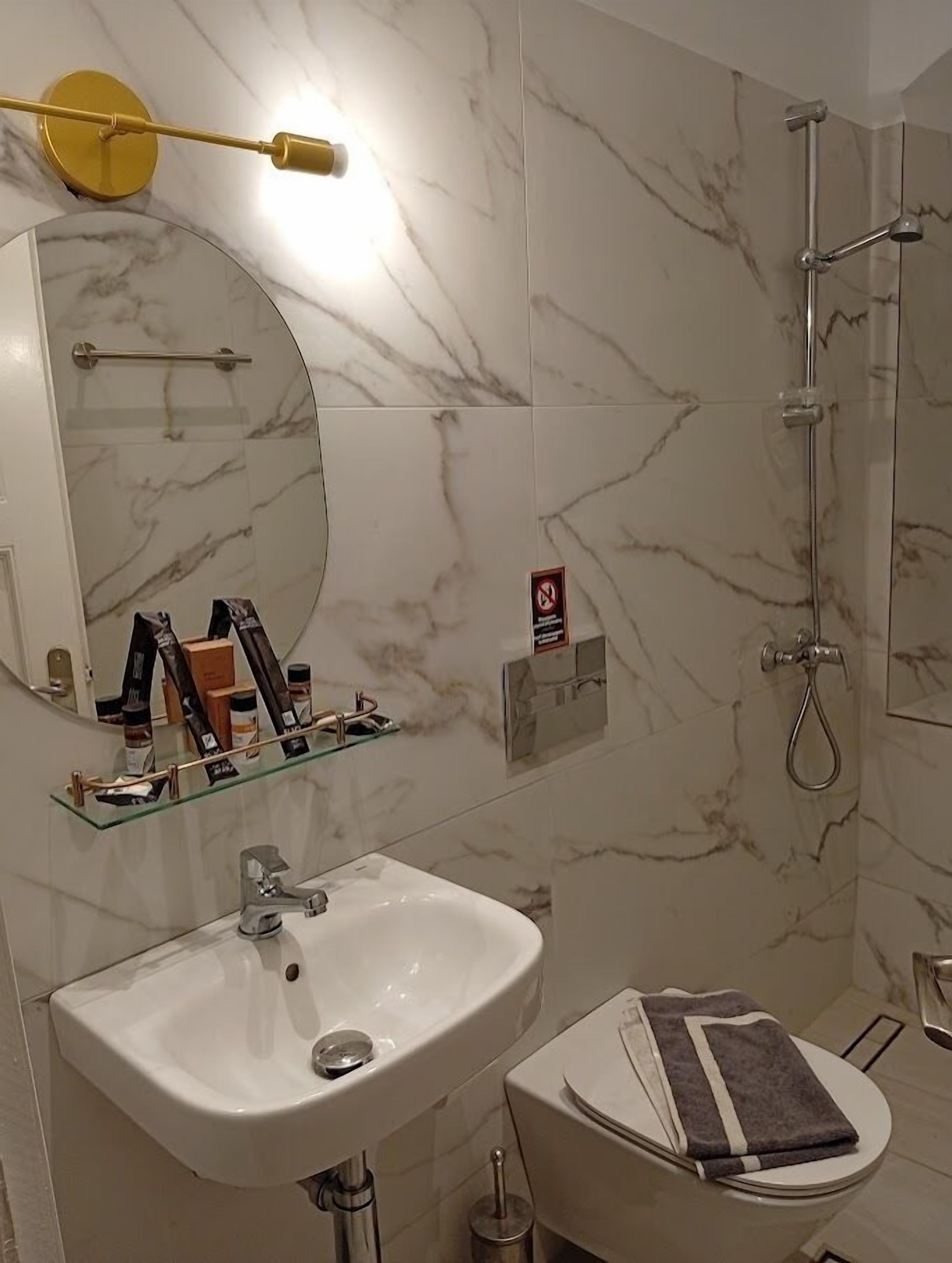 A bathroom with a white sink, a glass shelf with toiletries, a shower, and a toilet.