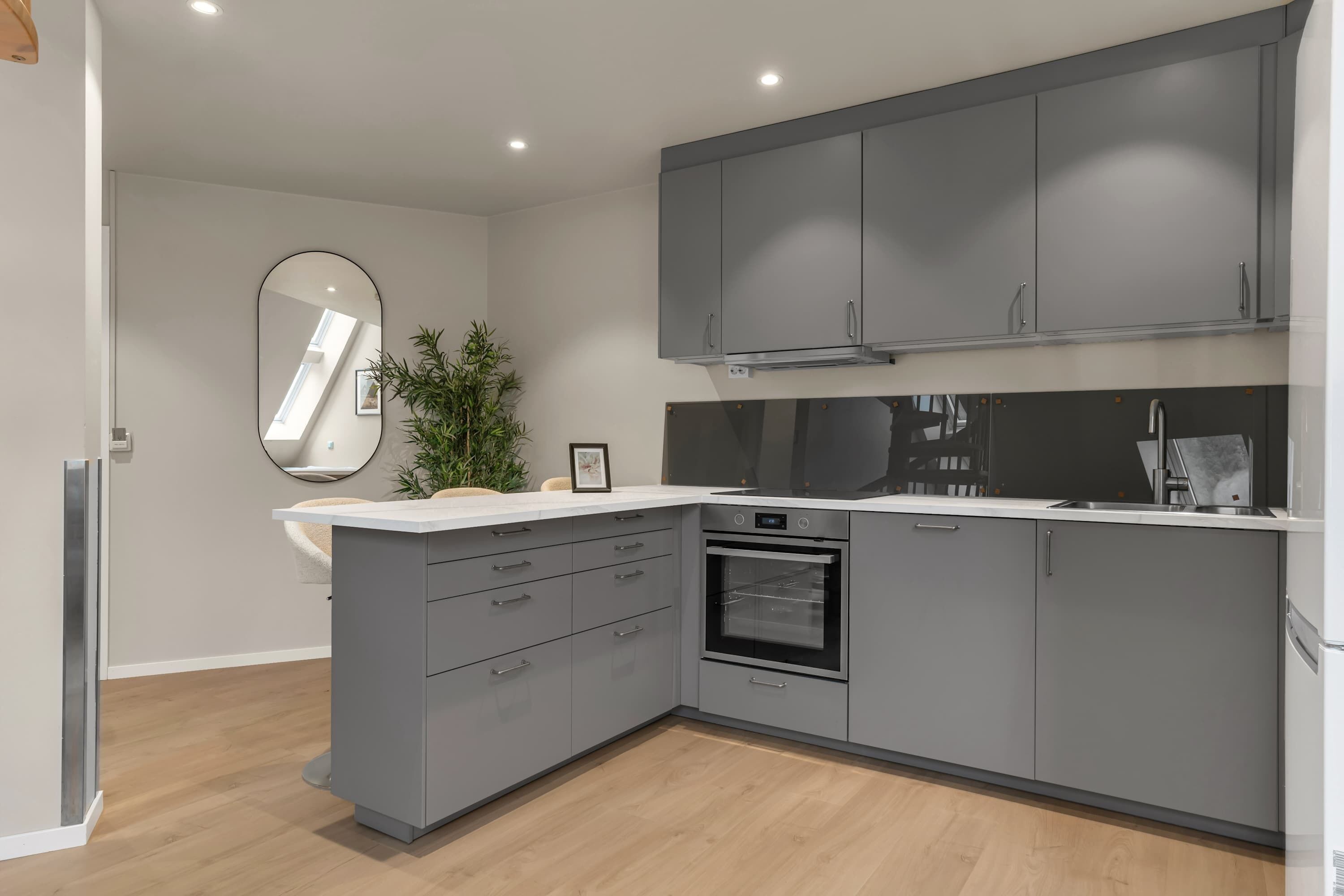 Fridge, stovetop, dishwasher, coffee/tea maker