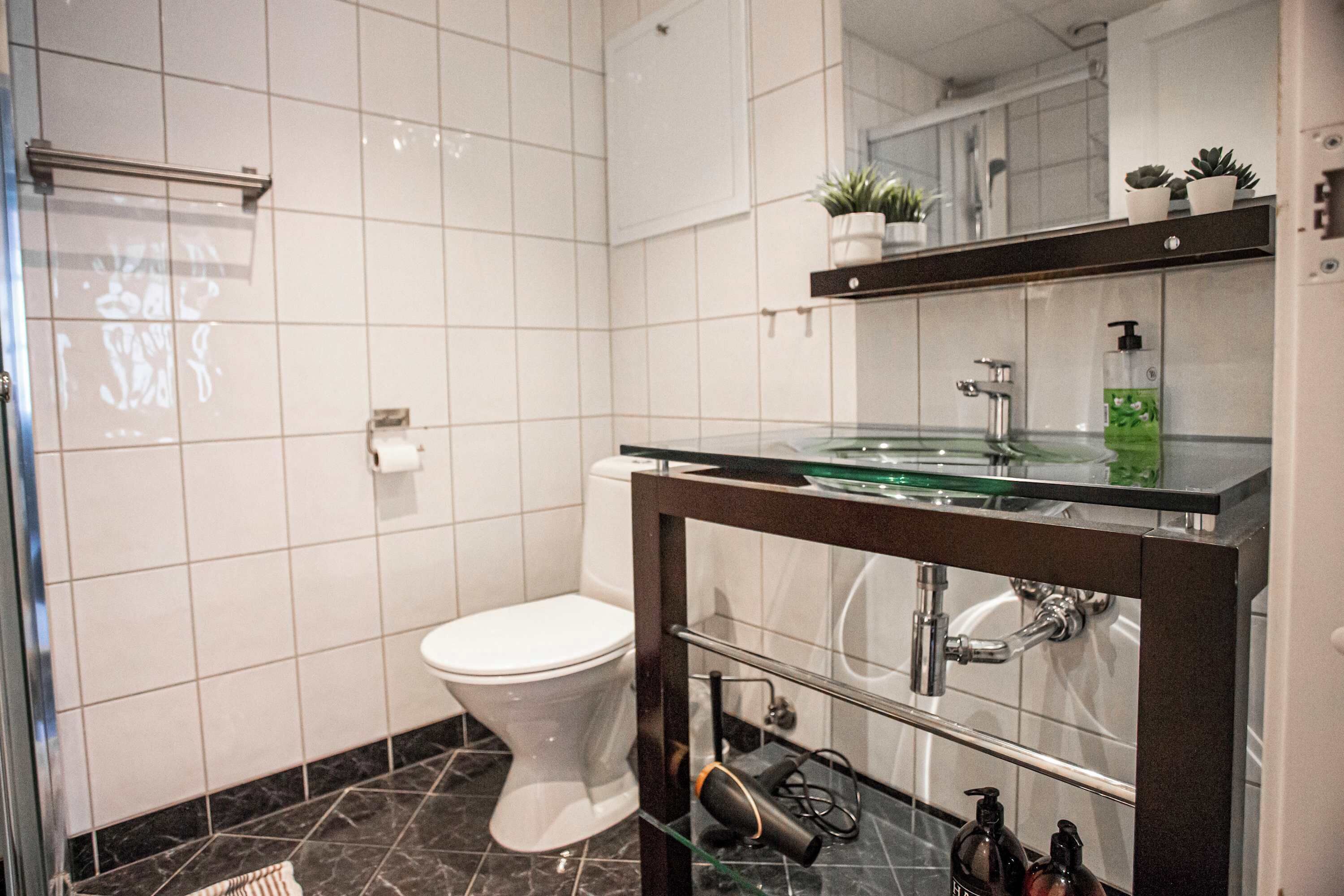 Dusj, hårføner og håndklær