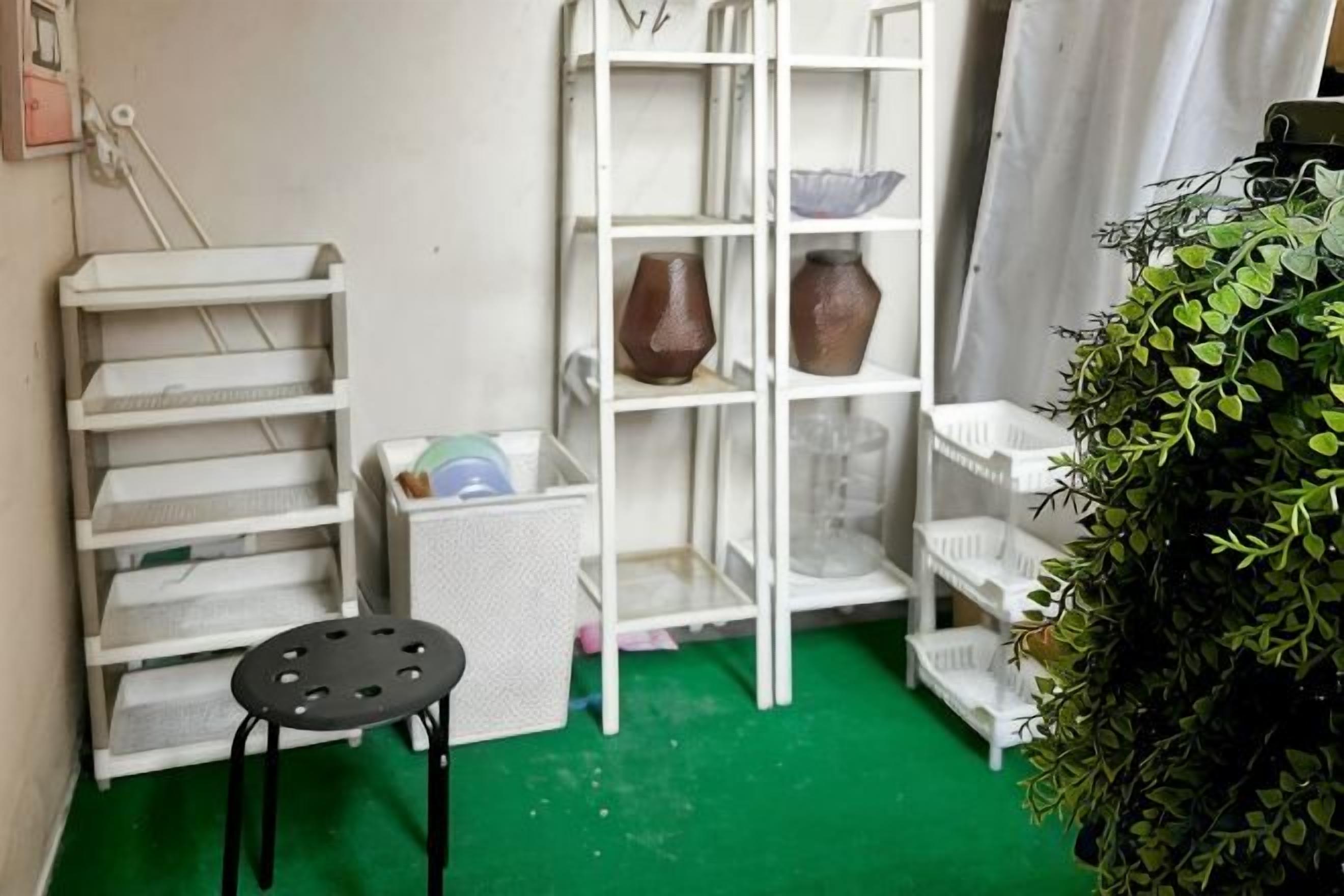 A small room with a green carpet, white shelves, a black stool, and a potted plant.