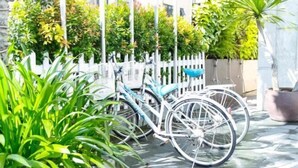 A bicycle parked in front of a white picket fence with lush green plants. - Cherry Apartment & Hotel (Da Nang)