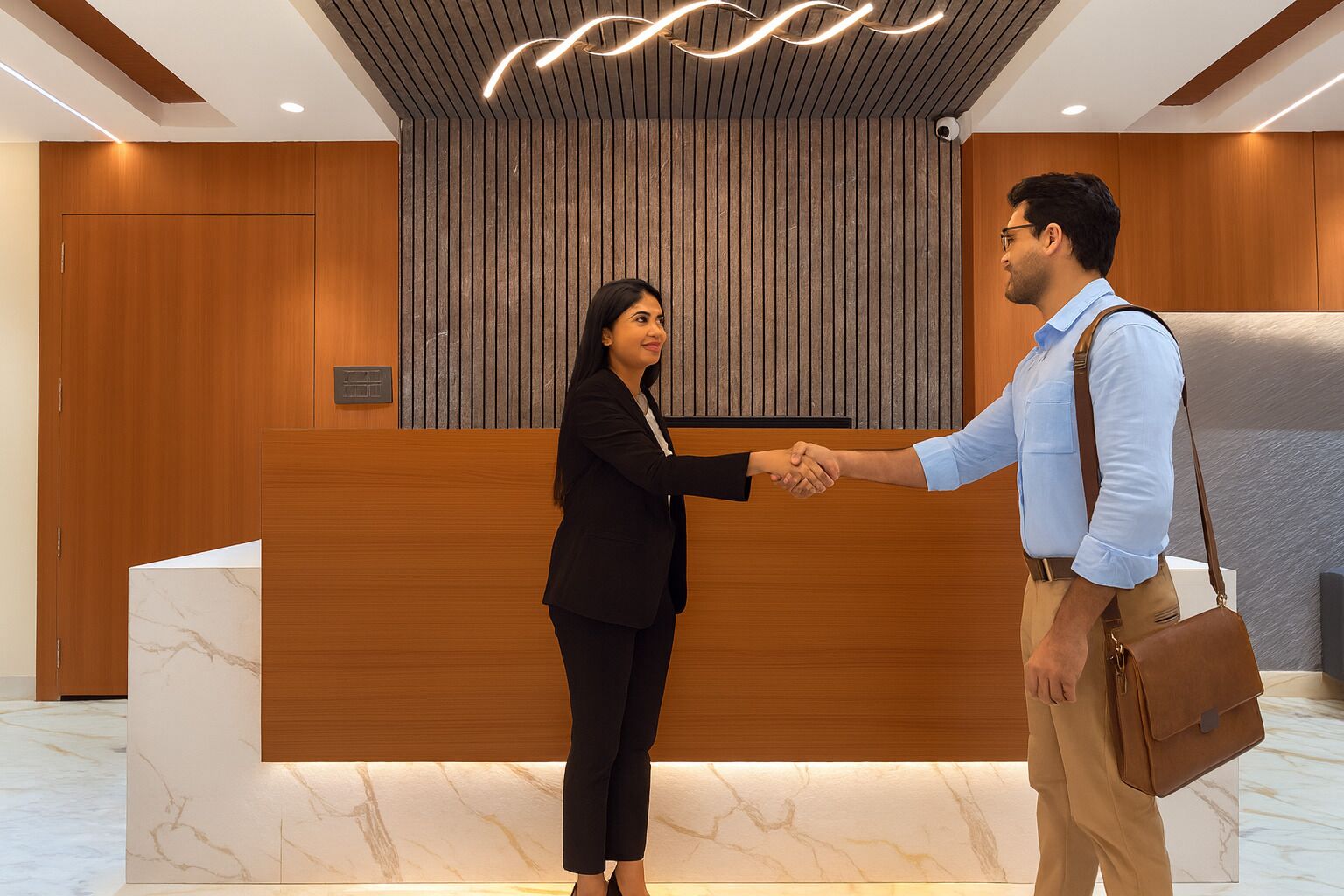 A reception area with wooden paneling, a marble floor, and a modern light fixture.