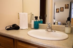 Shower, hair dryer, towels, shampoo - Downtown Queen Apt | Roku TV | Walk Everywhere (Pittsburgh)