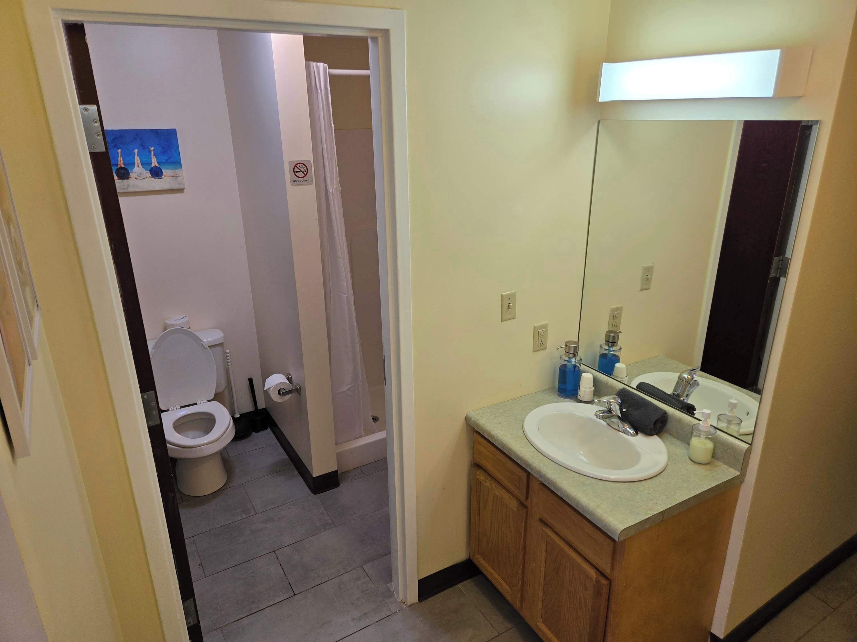 Shower, hair dryer, towels, shampoo