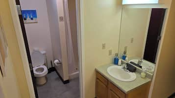 Shower, hair dryer, towels, shampoo
