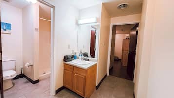 Douche, sèche-cheveux, serviettes fournies, shampoing
