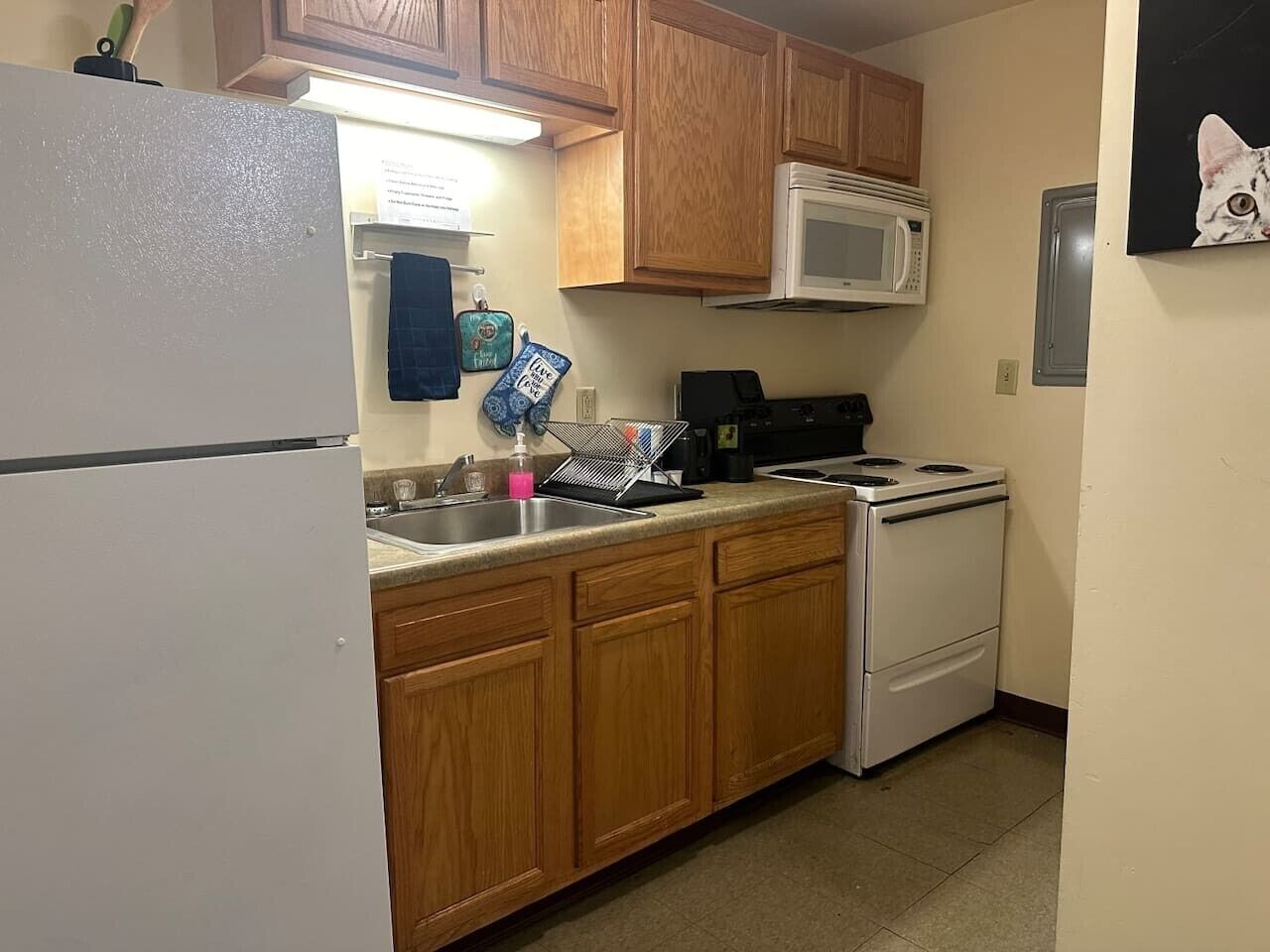 Coffee/tea maker, fridge, microwave, oven