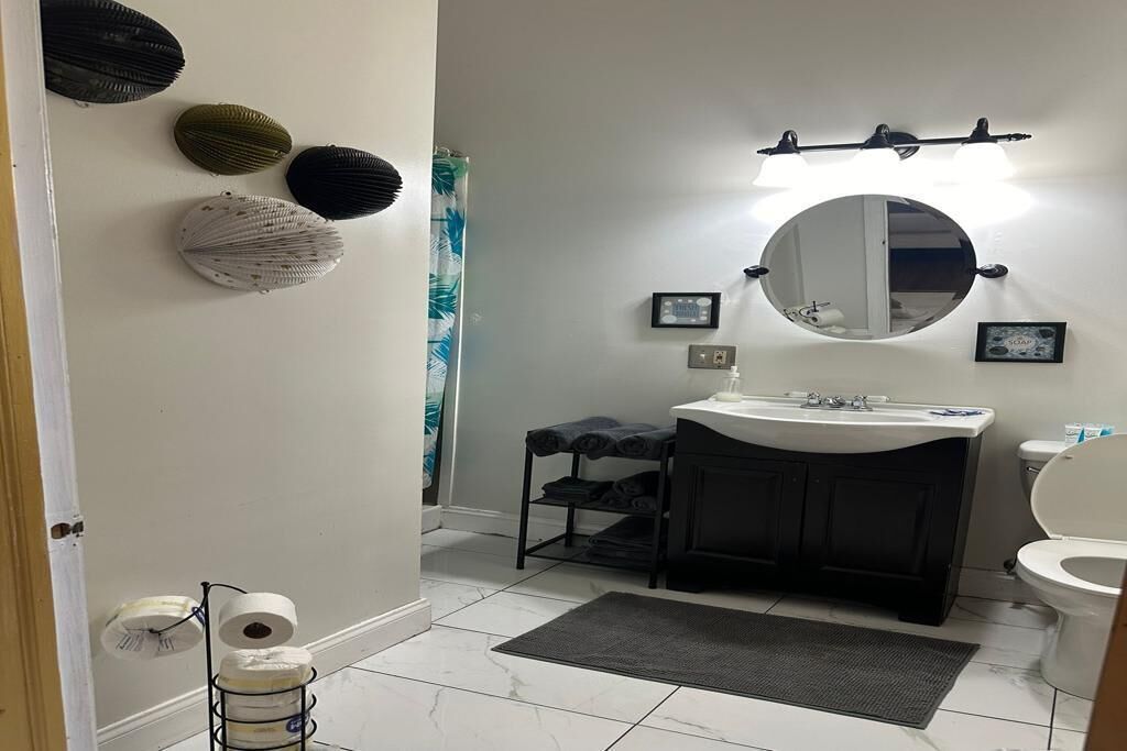 Shower, hair dryer, soap, shampoo