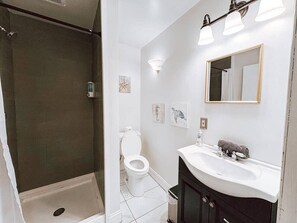 Shower, hair dryer, towels, shampoo