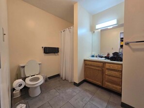 Shower, hair dryer, towels, shampoo
